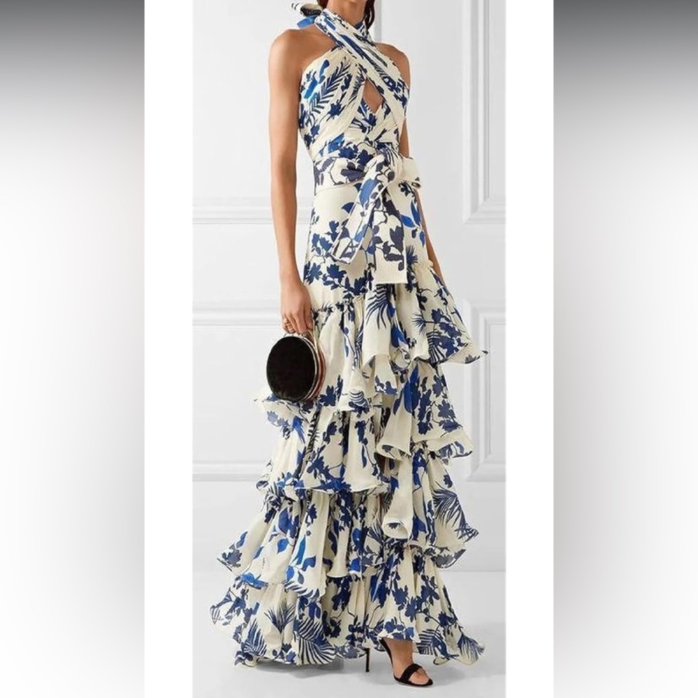 Talia Style Maxi Floral Blue and Cream Dress medium - Picture 9 of 10